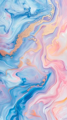 an abstract painting with blue, pink and gold paint on it's surface is shown