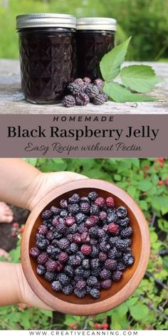 homemade black raspberry jelly recipe in a wooden bowl with fresh berries and leaves