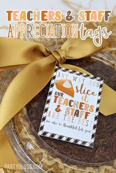 teacher appreciation tags in a glass bowl with yellow ribbon and brown paper on the side