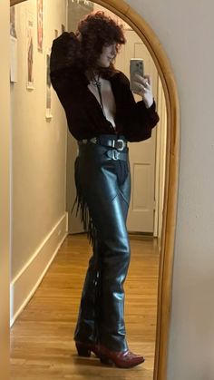 chaps, cowbow, vampire, western, boots, masc, red curly hair, velvet shirt, bolo tie Masc Cowboy Outfit, Dark Cabaret Outfit, Gothic Cowboy Fashion, Punk Club Outfit, Mid Western Emo, Gothic Cowboy Aesthetic, Disco Vampire, Clown Cowboy