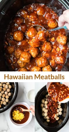 hawaiian meatballs in the slow cooker with sauce and other ingredients to make them