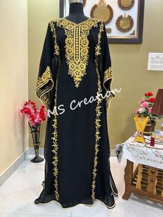 #ad Premium Quality SALE!! Moroccan Black Abaya Dress Gold Ari Embroidery kaftan Very Fancy Gown 07, Fashion Women's Dresses Long Sleeve Georgette Kaftan For Eid, Black Floor-length Abaya With Dabka Work, Traditional Evening Maxi Dress, Black Kaftan With Dabka Work For Eid, Traditional Long Dress Abaya For Eid, Party Abaya With Dabka Work For Festivals, Black Kaftan With Intricate Embroidery For Festivals, Long Kaftan With Gold Embroidery For Traditional Ceremonies, Festival Dabka Abaya In Maxi Length