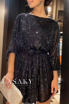 Lasaky - Sequin Embellished Round Neck Bishop Sleeve Belted Mini Dress Casual Outfit School, Cute Black Dresses, Wedding Guest Dress Code, Summer Floral Dresses, Summer Wedding Guest Dress, Valentines Day Outfits, Prom Dresses 2023, Holiday Party Dress, Dresses For Wedding Guest