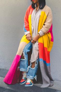 We're glad you've clicked on our new knitted kimono as we're really into its colorful vibes! The collarless and long sleeve cut make this a great choice for any stylish girl. Length: long Material: cotton blend Sleeve Type: long sleeve Neckline: collarless Style: knitted Size chart:Size: please check measurements carefullyPlease allow 0.5-1" difference due to manual measurementDifferent monitor settings means colors may differ slightly1" = 2.54cm Size(inch) US Size Length Shoulders Bust S 4/6 49 Oversized Color Block Knit Outerwear, Oversized Long Sleeve Color Block Cardigan, Spring Outerwear With Color Matching And Long Sleeves, Spring Long Sleeve Outerwear With Color Matching, Knit Color Block Outerwear For Fall, Casual Multicolor Long Sleeve Cardigan, Trendy Outerwear With Color Matching, Long Sleeve, Oversized Fall Color Block Outerwear, Multicolor Long Sleeve Cardigan For Spring