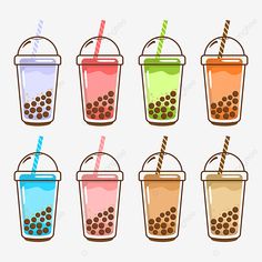 different colored drinks with straws on the top and bottom, set of six cups