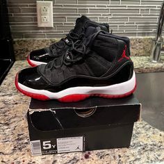 Jordan 11 Retro Playoffs Breds Black/White-Varsity Red. Size 5 (Gs). They Are Like New And In Pristine Condition. Please Let Me Know If You Have Any Questions. Jordan 11 Bred, Jordan 11s, Jordan Red, Shoes Air, Jordan 11 Retro, Kids Jordans, Jordan 11, Jordan Shoes, Air Jordan