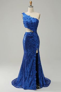 Zapakasa Women Sparkly Royal Blue Prom Dress One Shoulder Sequins Formal Dress with 3D Flowers Cut Out Prom Dress, Prom Dress One Shoulder, Cut Out Prom Dresses, Dress With 3d Flowers, Uzun Boy, Prom Dress With Split, Sequins Prom Dress