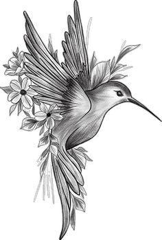 a drawing of a hummingbird with flowers in its beak