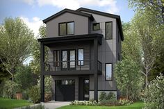 a two story house with lots of windows and balconies on the second floor