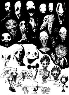 black and white drawing of various creepy faces