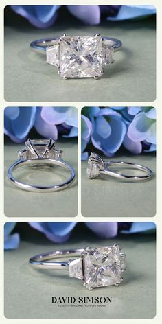 three different views of an engagement ring with the center stone in white gold and diamonds