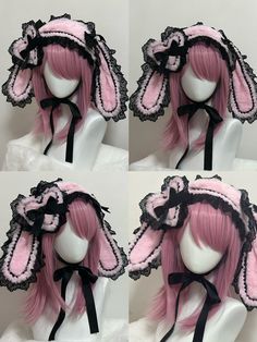 This product consists of a hairband, detachable bunny ears, and heart-shaped accessories. Wigs With Ears, Hand Accessories Kawaii, Yume Kawaii Hair Accessories, Dolly Hair Accessories, Alternative Hair Accessories, Cute Head Accessories, Hair Bow Styles, Crochet Bunny Ears, Black And Pink Aesthetic