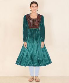 Experience Fashionable elegance with this Mashroo Cotton Silk Kutchi hand embroidered mirror work Jacket crafted from superior cotton silk blend for comfort and breathability. The Kutchi hand embroidered on its front crafted by artisans of Kutch which reflects of colourful Kutch. Look & feel your best with this timeless piece. Floral Embroidered Dress For Eid, Anarkali Embroidered Dress With Zari Work, Anarkali Embroidered Dress With Zari Work And Long Sleeves, Fitted Embroidered Dress With Pallu For Traditional Ceremonies, Fitted Bohemian Embroidered Dress For Navratri, Traditional Long Sleeve Festive Dresses, Festive Dress With Floral Embroidery For Traditional Ceremonies, Festive Floral Embroidered Dress For Traditional Ceremonies, Anarkali Embroidered Dress For Navratri With Floral Design