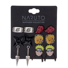 naruto earring set with three different designs on each side and two spikes