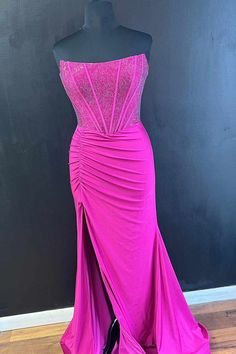 Strapless Fuchsia Beaded Long Party Dress Lavender Prom Dresses, Dresses With Beading, Prom Dress Trends, Navy Blue Prom Dresses, Prom Dress Shoes, Black Homecoming Dress, White Homecoming Dresses, Royal Blue Prom Dresses, Red Homecoming Dresses