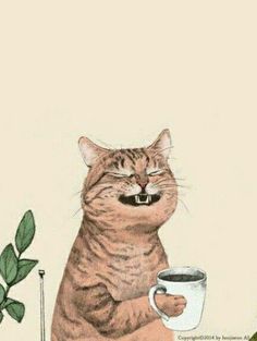 a cat is holding a cup of coffee