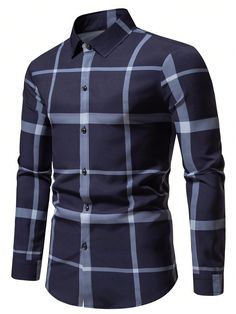 Multicolor Casual Collar Long Sleeve Fabric Plaid Shirt Embellished Slight Stretch  Men Clothing Fitted Plaid Long Sleeve Shirt, Plaid Print Shirt, Plaid Shirt, Plaid, Mens Outfits, Long Sleeve, Fabric, Clothes