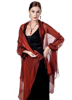 "100% silk stole wrap with sleeves made with finest iridescent chiffon of Venetian Red color. Great accessories for elegant evening dress ------------------------------------------------------------ Please measure your arms and bust before to order: Fits sizes S - XL BUST: 32 - 40 inches UPPER ARMS: 11-13 inches WRISTS: 8 - 10 inches ----------------------------------------------------------- NB:The sleeves of this stole are made just to hold this wrap on your forearms, but not to wear it as a j Elegant Red Shawl For Party, Elegant Red Silk Scarf For Party, Silk Shawl Scarf For Party, Sheer Shawl For Evening, Elegant Red Silk Shawl, Elegant Sheer Shawl For Parties, Elegant Red Silk Scarf For Wedding, Elegant Chiffon Shawl, Formal Organza Shawl