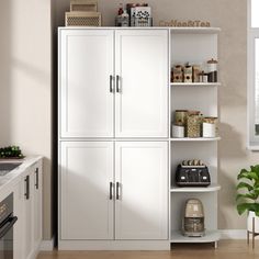 a kitchen with white cupboards and shelves filled with food items on top of them