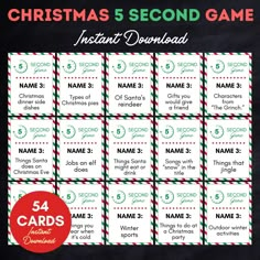 Christmas 5 Second Game - This Item is Instant Download, so you will receive a download link for your purchased file/s within 5 minutes "5-Second Christmas Game" is a fun and fast-paced activity perfect for holiday gatherings! To play, gather your friends and family and set up a 5-second timer. One person reads out a Christmas-themed question, such as "Name 3 Christmas carols" or "Name 3 red holiday decorations." The player has just 5 seconds to respond with three answers that fit the question. If they succeed, they earn a point; if not, their turn ends without a point. The game continues around the group, and the player with the most points at the end is the winner. It's a great way to spark laughter and holiday cheer! 🎄 WHAT IS INCLUDED: 1) 54 Cards (9 per page PDF) 2) Instructions 3) B Dessert Table Christmas, Christmas Party Cake, Christmas Activity For Kids, Christmas Themed Party, Christmas Bingo Cards, Work Games, Christmas Dessert Table, Party Cake Ideas, Drinks Christmas