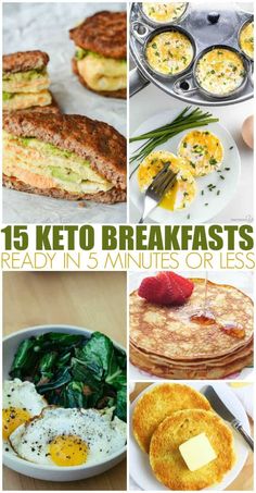 breakfasts that include eggs, pancakes and muffins are shown in this collage