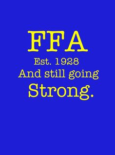 a blue background with yellow letters and the words, fea east, 1932 and still going strong