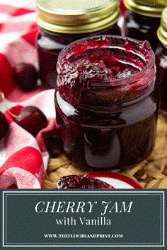 cherry jam with vanilla in a jar on a red and white checkered table cloth