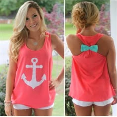 Pink And White Anchor Shirt. With Blue Bow On Back. Super Cute. New In Package Wedding Day Shirts, American Clothes, Wedding Party Shirts, Bachelorette Party Games, Casual Tanks, Bridal Party Shirts, Racerback Top, Sweatshirt Outfit, Look Vintage