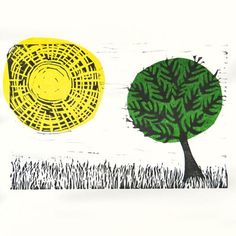 an image of two trees in the grass with yellow and green circles around them on white paper