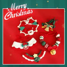 crocheted christmas items are displayed on a red background with the words merry christmas written in white