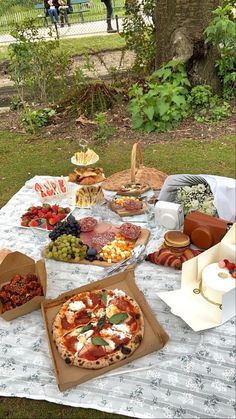 an outdoor picnic with pizza, cheese and other food items