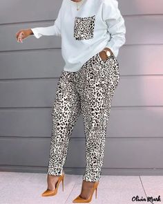 Color: Leopard, Size: L Casual Fall Sets With Straight Pants, Casual Ankle-length Pants Sets For Work, Fall Trousers Sets With Pockets, Casual Sets With Long Pants For Fall, Casual Fall Sets With Long Pants, Casual Sets With Pockets And Straight Pants, White Casual Pant Set For Work, Casual White Pant Set For Work, Casual Sets With Relaxed Fit Trousers