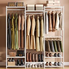 a closet filled with lots of different types of shoes and clothes hanging on shelves next to each other