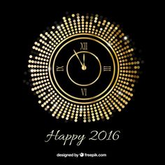 a black and gold happy new year card with a clock in the center, on a dark background