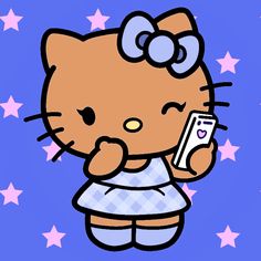 an image of a hello kitty holding a cell phone in her hand and looking at the screen