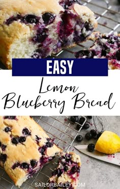 lemon blueberry bread on a cooling rack with the text overlay reading easy lemon blueberry bread