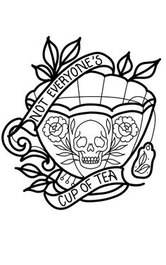 a black and white drawing of a skull with roses on it's head, holding a