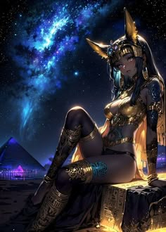 an egyptian woman sitting on top of a table in front of a sky filled with stars