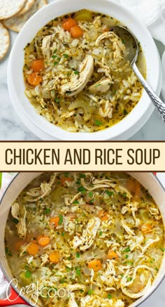 chicken and rice soup in a bowl with bread on the side