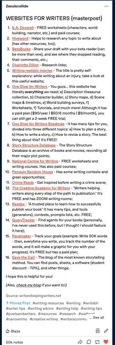 masterlist with websites for writers and authors Websites For Writers, Writing Websites, Writing Prompts For Writers