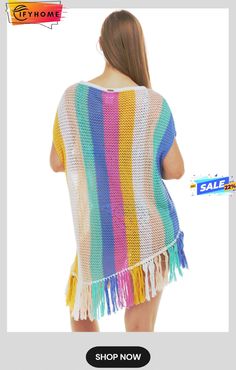 Multicolor Stripe Tasseled Crochet Beach Cover Up Casual Summer Poncho With Fringe, Multicolor Poncho For Beach Cover-up In Summer, Bohemian Multicolor Tassel Cover-up, Multicolor Tassel Cover-up For Summer, Casual Summer Poncho With Tassels, Multicolor Poncho For Beach Cover-up, Multicolor Poncho For Summer Beach Cover-up, Multicolor Summer Poncho For Vacation, Multicolor Summer Cover-up With Tassels