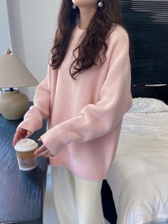 Size: M, Color: Light pink Light Pink Oversized Sweater, Fluffy Pink Sweater Outfits, Cheap Pink Zara Sweater, Aritzia Pink Sweater, Muted Pink Outfit, Cozy Pink Sweater, Pink Professional Outfit, Light Pink Outfit Aesthetic, Girly Outfits For Winter