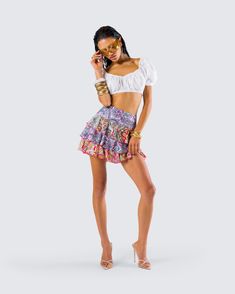 Stay wild bby 😌✌️This paisley tiered micro mini skirt made from plain weave fabric and complete with a fit & flare style is the perfect look to let your hippie flag fly 🌸 Black Off Shoulder, Micro Mini Skirt, Weave Fabric, Graphic Top, Stay Wild, White Jersey, Micro Mini, Pocket Pants, Plain Weave