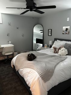 a cat laying on top of a bed in a room with gray walls and ceiling fan