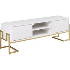 a white entertainment center with gold legs