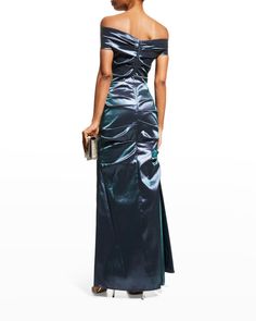 Rickie Freeman for Teri Jon gown in stretch taffeta. Off-the-shoulder neckline. Cap sleeves. Ruched bodice. Trumpet silhouette. Floor length. Vented back. Back zipper. Polyester/nylon/spandex. Imported. Taffeta Gown, Trumpet Silhouette, Teri Jon, Ruched Bodice, Back Back, Floor Length, Top Designers, Cap Sleeves, Neiman Marcus