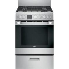 a stainless steel oven with the door open and two burners on each side, in front of a white background