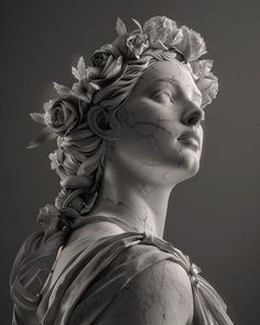 a statue with flowers on her head and hair blowing in the wind, against a gray background