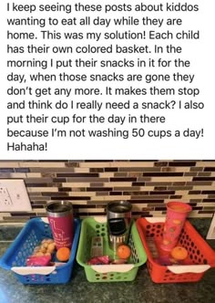 several plastic baskets filled with food sitting on top of a counter next to a tiled wall