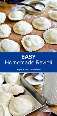 homemade ravioli recipe is shown on a wooden table